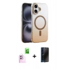 MARSİLYAN™- iPhone 16 Plus Kılıf Ahenk Doku Özel Seri - Siyah 3D Antistatik Hayalet Cam Ekran Koruyucu + Raze Metal Kamera Lens - PE
