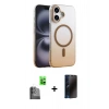 MARSİLYAN™- iPhone 16 Plus Kılıf Ahenk Doku Özel Seri - Siyah 3D Antistatik Hayalet Cam Ekran Koruyucu + Raze Metal Kamera Lens - SH