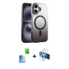 MARSİLYAN™- iPhone 16 Plus Kılıf Ahenk Doku Özel Seri - Siyah 3D Antistatik Seramik Nano Ekran Koruyucu + Lacivert Raze Metal Kamera Lens