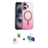 MARSİLYAN™- iPhone 16 Plus Kılıf Ahenk Doku Özel Seri - Siyah 3D Antistatik Seramik Nano Ekran Koruyucu + Pembe Raze Metal Kamera Lens