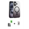 MARSİLYAN™- iPhone 16 Plus Kılıf Ahenk Doku Özel Seri - Siyah Bilvis 3D Cam Ekran Koruyucu + Raze Metal Kamera Lens - SH