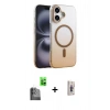 MARSİLYAN™- iPhone 16 Plus Kılıf Ahenk Doku Özel Seri - Siyah Bilvis 3D Cam Ekran Koruyucu + Raze Metal Kamera Lens - SH