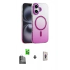MARSİLYAN™- iPhone 16 Plus Kılıf Ahenk Doku Özel Seri - Siyah Bilvis 3D Cam Ekran Koruyucu + Raze Metal Kamera Lens - SH