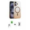 MARSİLYAN™- iPhone 16 Plus Kılıf Ahenk Doku Özel Seri - Siyah Bilvis 3D Cam Ekran Koruyucu + Raze Metal Kamera Lens - BZ