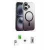 MARSİLYAN™- iPhone 16 Plus Kılıf Ahenk Doku Özel Seri - Siyah Bilvis 3D Cam Ekran Koruyucu + Raze Metal Kamera Lens - BZ