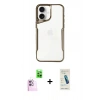 MARSİLYAN™- iPhone 16 Plus Kılıf Akış Çizgi Koleksiyonu - Şeffaf Pasifik Cam Ekran Koruyucu + Pembe Raze Metal Kamera Lens