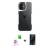MARSİLYAN™- iPhone 16 Plus Kılıf Akış Çizgi Koleksiyonu - Siyah 3D Antistatik Hayalet Cam Ekran Koruyucu + Pembe Raze Metal Kamera Lens