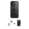 MARSİLYAN™- iPhone 16 Plus Kılıf Akış Çizgi Koleksiyonu - Siyah 3D Antistatik Hayalet Cam Ekran Koruyucu + Pembe Raze Metal Kamera Lens