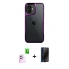 MARSİLYAN™- iPhone 16 Plus Kılıf Akış Çizgi Koleksiyonu - Siyah 3D Antistatik Hayalet Cam Ekran Koruyucu + Pembe Raze Metal Kamera Lens