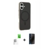 MARSİLYAN™- iPhone 16 Plus Kılıf Çekirdek Modern Prime - Siyah 3D Antistatik Hayalet Cam Ekran Koruyucu + Raze Metal Kamera Lens - BZ