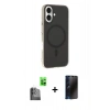 MARSİLYAN™- iPhone 16 Plus Kılıf Çekirdek Modern Prime - Siyah 3D Antistatik Hayalet Cam Ekran Koruyucu + Raze Metal Kamera Lens - SH