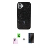 MARSİLYAN™- iPhone 16 Plus Kılıf Eksen Çizgi - Siyah 3D Antistatik Hayalet Cam Ekran Koruyucu + Raze Metal Kamera Lens - PE