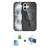 MARSİLYAN™- iPhone 16 Plus Kılıf Eksen Doku Koleksiyonu - Siyah 3D Antistatik Cam Ekran Koruyucu + Raze Metal Kamera Lens - LT