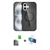 MARSİLYAN™- iPhone 16 Plus Kılıf Eksen Doku Koleksiyonu - Siyah 3D Antistatik Cam Ekran Koruyucu + Raze Metal Kamera Lens - SH