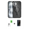MARSİLYAN™- iPhone 16 Plus Kılıf Eksen Doku Koleksiyonu - Siyah 3D Antistatik Hayalet Cam Ekran Koruyucu + Raze Metal Kamera Lens - BZ