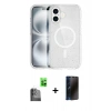 MARSİLYAN™- iPhone 16 Plus Kılıf Eksen Doku Koleksiyonu - Siyah 3D Antistatik Hayalet Cam Ekran Koruyucu + Raze Metal Kamera Lens - SH