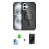 MARSİLYAN™- iPhone 16 Plus Kılıf Eksen Doku Koleksiyonu - Siyah 3D Antistatik Hayalet Cam Ekran Koruyucu + Lacivert Raze Metal Kamera Lens