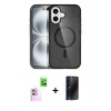 MARSİLYAN™- iPhone 16 Plus Kılıf Eksen Doku Koleksiyonu - Siyah 3D Antistatik Hayalet Cam Ekran Koruyucu + Raze Metal Kamera Lens - PE