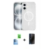 MARSİLYAN™- iPhone 16 Plus Kılıf Eksen Doku Koleksiyonu - Siyah 3D Antistatik Hayalet Cam Ekran Koruyucu + Lacivert Raze Metal Kamera Lens