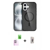 MARSİLYAN™- iPhone 16 Plus Kılıf Eksen Doku Koleksiyonu - Siyah Bilvis 3D Cam Ekran Koruyucu + Raze Metal Kamera Lens - PE