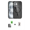 MARSİLYAN™- iPhone 16 Plus Kılıf Eksen Doku Koleksiyonu - Siyah Bilvis 3D Cam Ekran Koruyucu + Siyah Raze Metal Kamera Lens