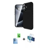 MARSİLYAN™- iPhone 16 Plus Kılıf Eksen Form Prime - Siyah 3D Antistatik Cam Ekran Koruyucu + Raze Metal Kamera Lens - LT