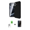 MARSİLYAN™- iPhone 16 Plus Kılıf Eksen Form Prime - Siyah 3D Antistatik Hayalet Cam Ekran Koruyucu + Raze Metal Kamera Lens - BZ