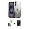 MARSİLYAN™- iPhone 16 Plus Kılıf Eksen Minimal Özel Seri - Siyah 3D Antistatik Hayalet Cam Ekran Koruyucu + Siyah Raze Metal Kamera Lens