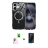MARSİLYAN™- iPhone 16 Plus Kılıf Kıvılcım Form Prime - Siyah 3D Antistatik Hayalet Cam Ekran Koruyucu + Pembe Raze Metal Kamera Lens