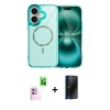 MARSİLYAN™- iPhone 16 Plus Kılıf Kıvılcım Form Prime - Siyah 3D Antistatik Hayalet Cam Ekran Koruyucu + Pembe Raze Metal Kamera Lens