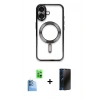 MARSİLYAN™- iPhone 16 Plus Kılıf Nova Işık Özel Seri - Siyah 3D Antistatik Hayalet Cam Ekran Koruyucu + Raze Metal Kamera Lens - LT