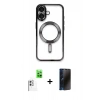 MARSİLYAN™- iPhone 16 Plus Kılıf Nova Işık Özel Seri - Siyah 3D Antistatik Hayalet Cam Ekran Koruyucu + Raze Metal Kamera Lens - BZ