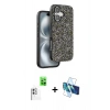 MARSİLYAN™- iPhone 16 Plus Kılıf Vadi Klasik Serisi - Siyah 3D Antistatik Cam Ekran Koruyucu + Raze Metal Kamera Lens - BZ
