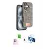 MARSİLYAN™- iPhone 16 Plus Kılıf Vadi Klasik Serisi - Siyah 3D Antistatik Cam Ekran Koruyucu + Raze Metal Kamera Lens - PE