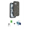 MARSİLYAN™- iPhone 16 Plus Kılıf Vadi Klasik Serisi - Siyah 3D Antistatik Seramik Nano Ekran Koruyucu + Beyaz Raze Metal Kamera Lens