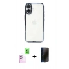 MARSİLYAN™- iPhone 16 Plus Kılıf Vadi Minimal - Siyah 3D Antistatik Hayalet Cam Ekran Koruyucu + Raze Metal Kamera Lens - PE