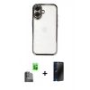 MARSİLYAN™- iPhone 16 Plus Kılıf Vadi Minimal - Siyah 3D Antistatik Hayalet Cam Ekran Koruyucu + Raze Metal Kamera Lens - SH