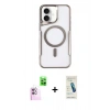 MARSİLYAN™- iPhone 16 Plus Kılıf Yadigar Klasik Özel Seri - Şeffaf Pasifik Cam Ekran Koruyucu + Pembe Raze Metal Kamera Lens
