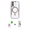 MARSİLYAN™- iPhone 16 Plus Kılıf Yadigar Klasik Özel Seri - Şeffaf Pasifik Cam Ekran Koruyucu + Pembe Raze Metal Kamera Lens