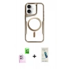 MARSİLYAN™- iPhone 16 Plus Kılıf Yadigar Klasik Özel Seri - Şeffaf Pasifik Cam Ekran Koruyucu + Pembe Raze Metal Kamera Lens
