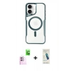 MARSİLYAN™- iPhone 16 Plus Kılıf Yadigar Klasik Özel Seri - Şeffaf Pasifik Cam Ekran Koruyucu + Pembe Raze Metal Kamera Lens