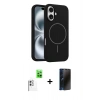 MARSİLYAN™- iPhone 16 Plus Kılıf Yankı Form Serisi - Siyah 3D Antistatik Hayalet Cam Ekran Koruyucu + Beyaz Raze Metal Kamera Lens