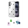 MARSİLYAN™- iPhone 16 Plus Kılıf Yörünge Form - Siyah 3D Antistatik Cam Ekran Koruyucu + Raze Metal Kamera Lens - PE