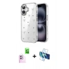 MARSİLYAN™- iPhone 16 Plus Kılıf Yörünge Form - Siyah 3D Antistatik Cam Ekran Koruyucu + Raze Metal Kamera Lens - PE