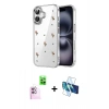 MARSİLYAN™- iPhone 16 Plus Kılıf Yörünge Form - Siyah 3D Antistatik Cam Ekran Koruyucu + Raze Metal Kamera Lens - PE
