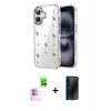 MARSİLYAN™- iPhone 16 Plus Kılıf Yörünge Form - Siyah 3D Antistatik Hayalet Cam Ekran Koruyucu + Raze Metal Kamera Lens - PE