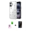 MARSİLYAN™- iPhone 16 Plus Kılıf Yörünge Form - Siyah 3D Antistatik Hayalet Cam Ekran Koruyucu + Raze Metal Kamera Lens - PE