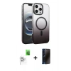 MARSİLYAN™- iPhone 16 Pro Kılıf Ahenk Doku Özel Seri - Siyah 3D Antistatik Hayalet Cam Ekran Koruyucu + Beyaz Raze Metal Kamera Lens