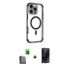 MARSİLYAN™- iPhone 16 Pro Kılıf Eksen Klasik Koleksiyonu - Siyah 3D Antistatik Hayalet Cam Ekran Koruyucu + Raze Metal Kamera Lens - SH