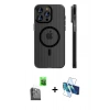 MARSİLYAN™- iPhone 16 Pro Kılıf Pusula Minimal Koleksiyonu - Siyah 3D Antistatik Cam Ekran Koruyucu + Siyah Raze Metal Kamera Lens